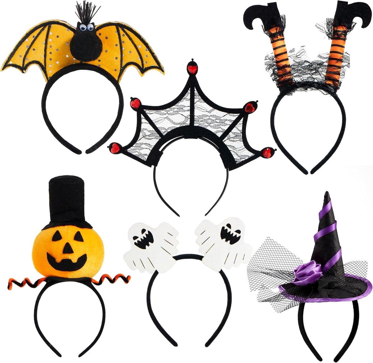 6 Stuks Halloween Hoofdbanden voor Kostuums - Pompoen, Vleermuis, Heks en Spinnenweb voor Cosplay en Feestjes
