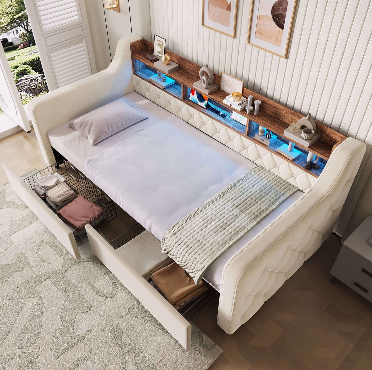 STILVORA Gestoffeerd Bed 90x190 cm - Eenpersoonsbed Met Ledverlichting En Oplaadfunctie - Hoofdbord Met Opbergruimte - 2 Lades - Slaapkamer - Velvet - Beige - Zonder Matras