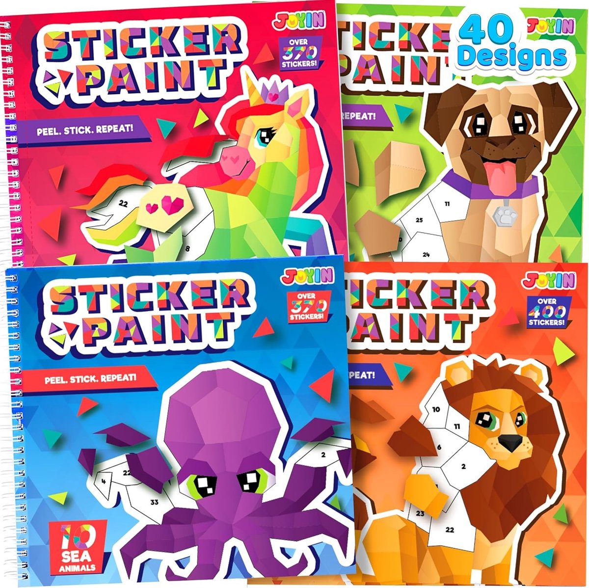 4-Pack Knutselset voor Kinderen - Stickers Schilderen met Cijfers - Reisactiviteit met Safari, Eenhoorn, Hond en Zee Dieren