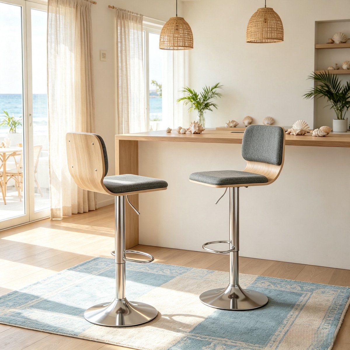 DESMIU Barkruk Set van 2 - Verstelbare Zithoogte 59 Tot 80 Cm - 360 Graden Draaibaar Met Rugleuning En Voetsteun - Voor Keuken Eiland En Bar - Stof - Grijs