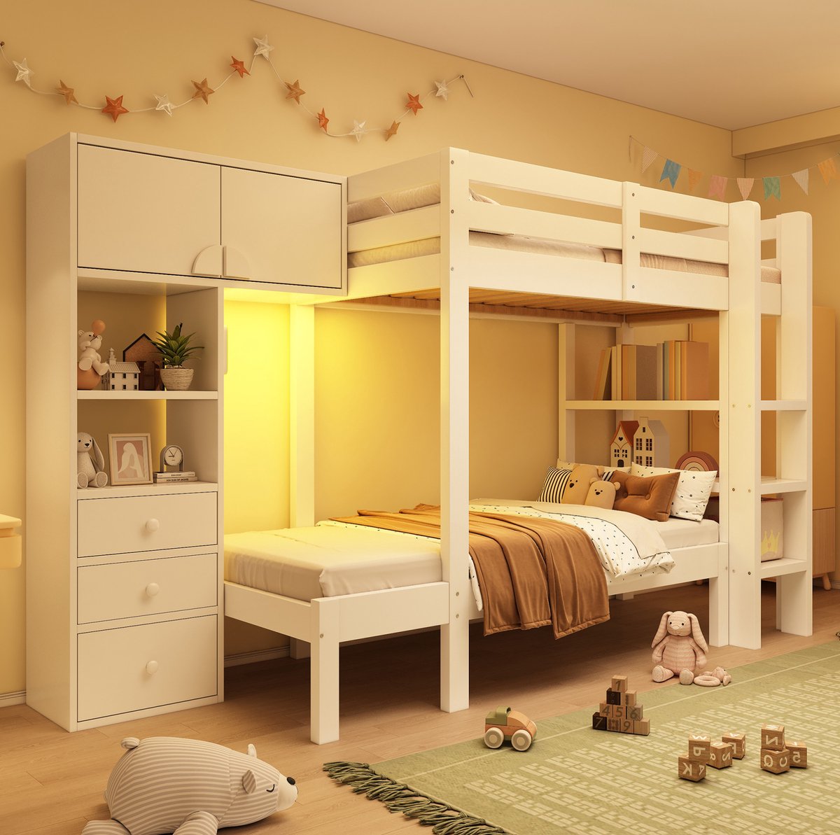 COVREO Stapelbed met led-nachtlicht – 288x101x144 cm – Kinderbed van hout en MDF – met kast, schappen en lades – Wit - zonder matras