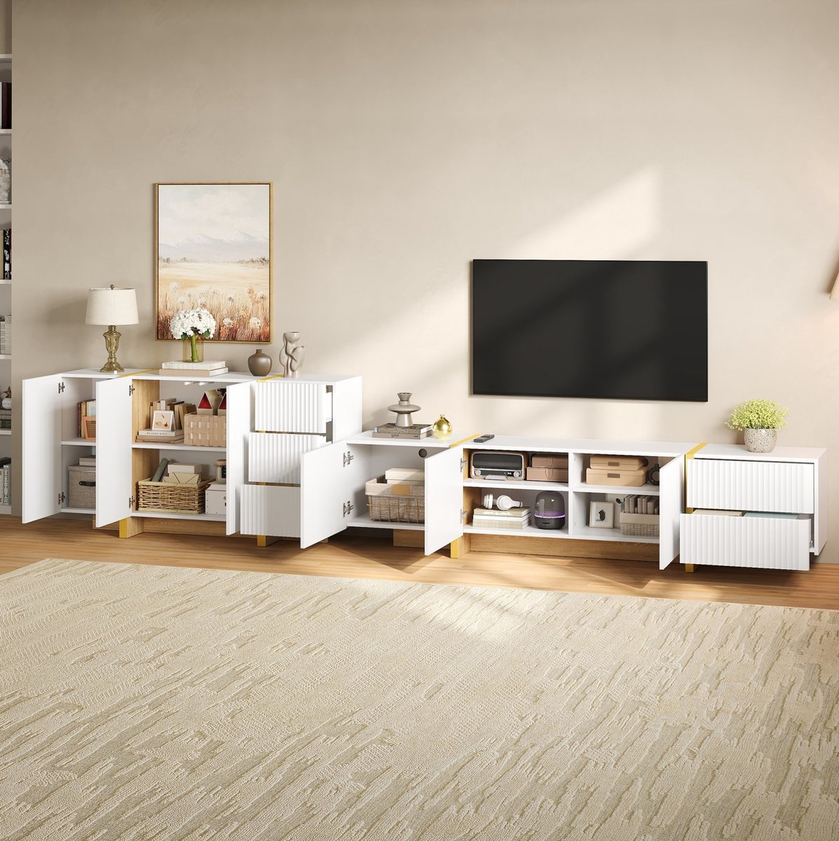 Wishdor Tv meubel set van 2 - Rillenfront en greeploos - Open en gesloten opbergruimte - Design - Woonkamer mediahoek - MDF en PB - Wit - 190 x 36 x 75 cm