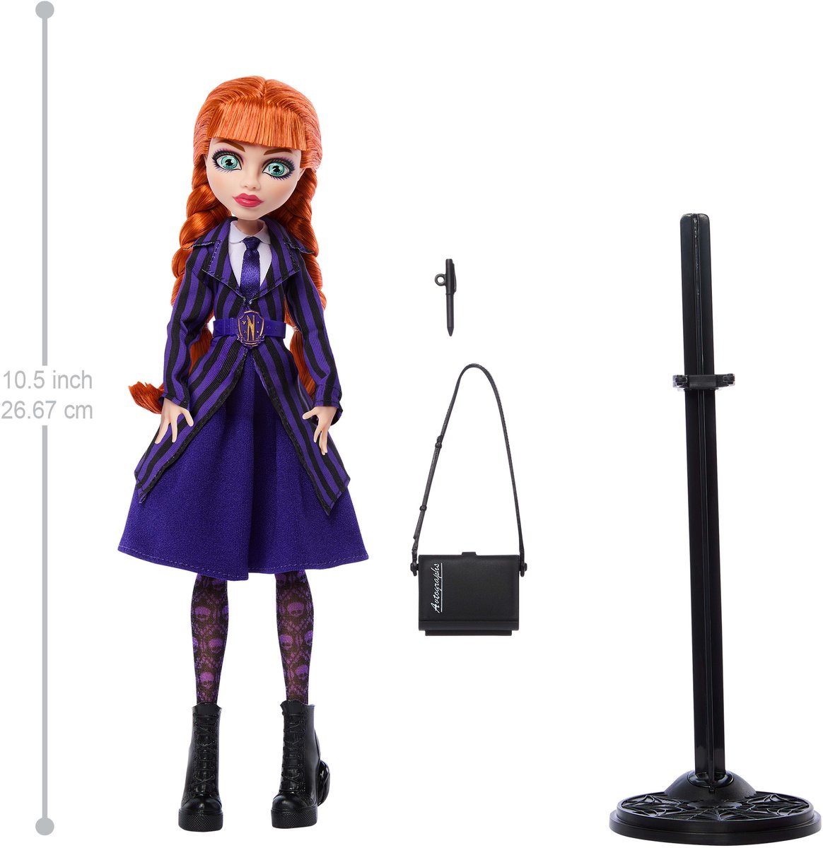 Monster High x Wednesday verzamelpop - Agnes DeMille met paars uniform en accessoires — afbeelding 5