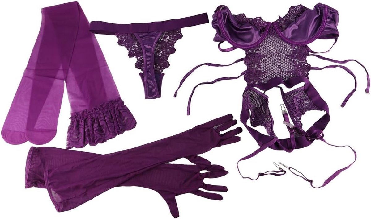 Sexy Lace Bodysuit met Thigh Cuffs en Garter voor Dames - Inclusief Lange Handschoenen en Kousen, Maat M, Paars, Perfect voor Romantische Avonden en Verleidelijke Outfits