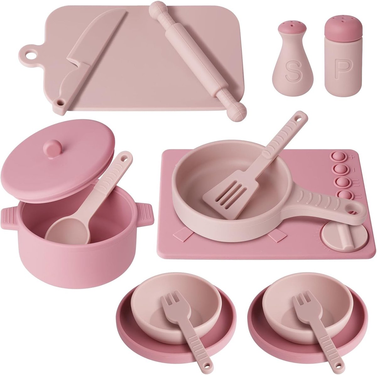 Complete Silicone Keuken Speelset voor Kinderen, 16 Stuks met Pannen, Snijplank en Keukengerei, Ideaal voor Rollenspel en Creatief Spelen voor Kinderen van 3-11 Jaar