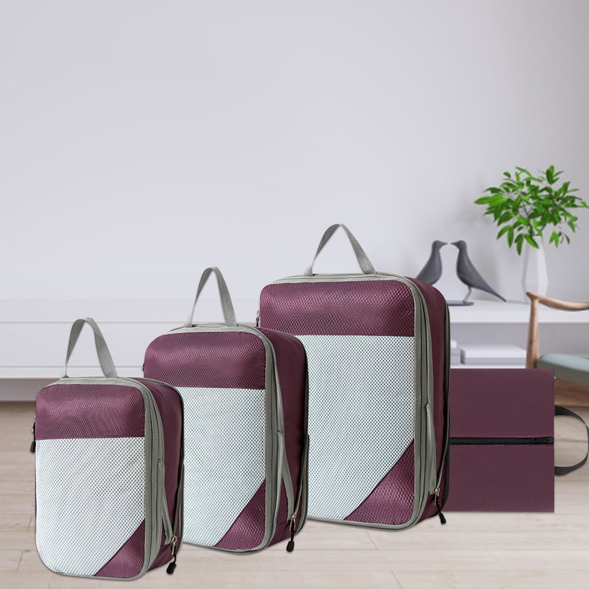 Compressie packing cubes reisorganizer met dubbele ritssluiting – 40 x 30 x 9 cm – 4-delige set met schoenenzak – voor kleding en accessoires – Paars