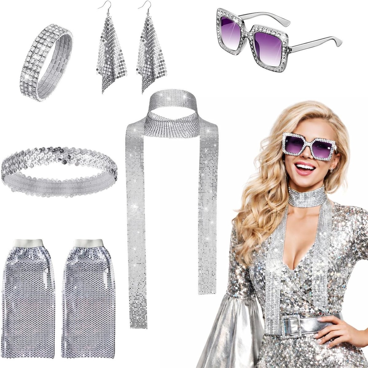 Retro disco accessoires set voor vrouwen - 6 delige bling set met zonnebril, oorbellen, haarband, armband en beenwarmers voor themafeesten en 70s 80s kostuums