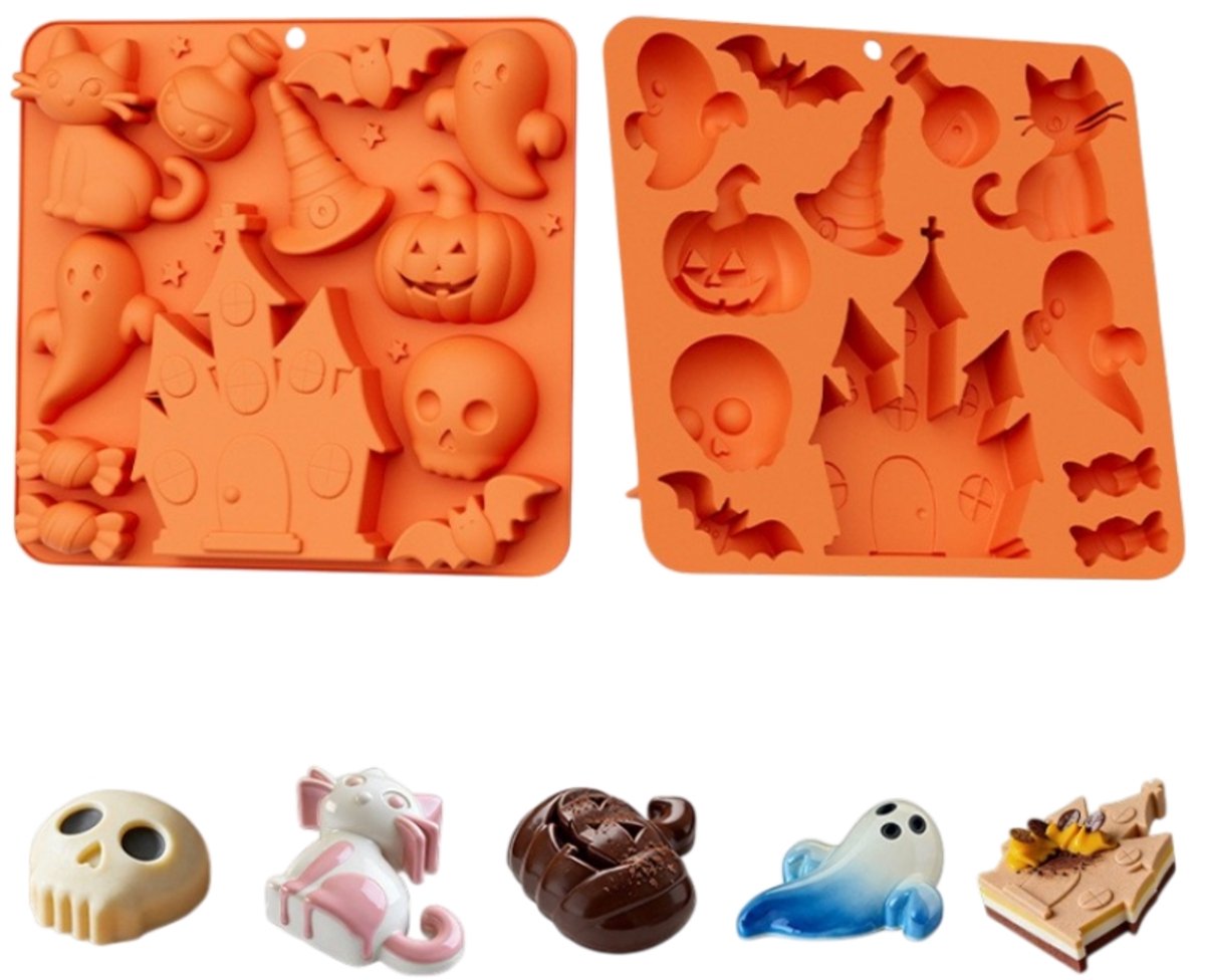 2 stuks-Halloweenvorm - Siliconenvorm - Chocoladevorm - Schedel Spook Kasteelvorm - Bakvorm - Geschikt voor Chocolade - Snoep - Epoxyhars - Oranje - 17,5*16,5*2 cm