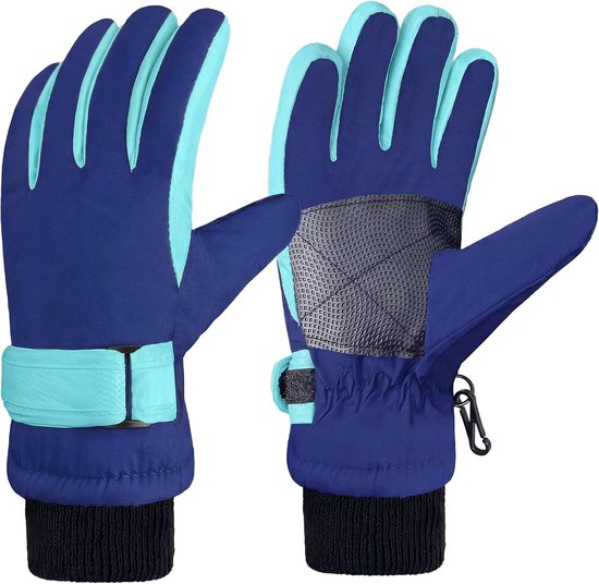 Blauw met turquoise skihandschoenen voor kinderen met een grijze anti-slip handpalm en zwarte gebreide boorden.
