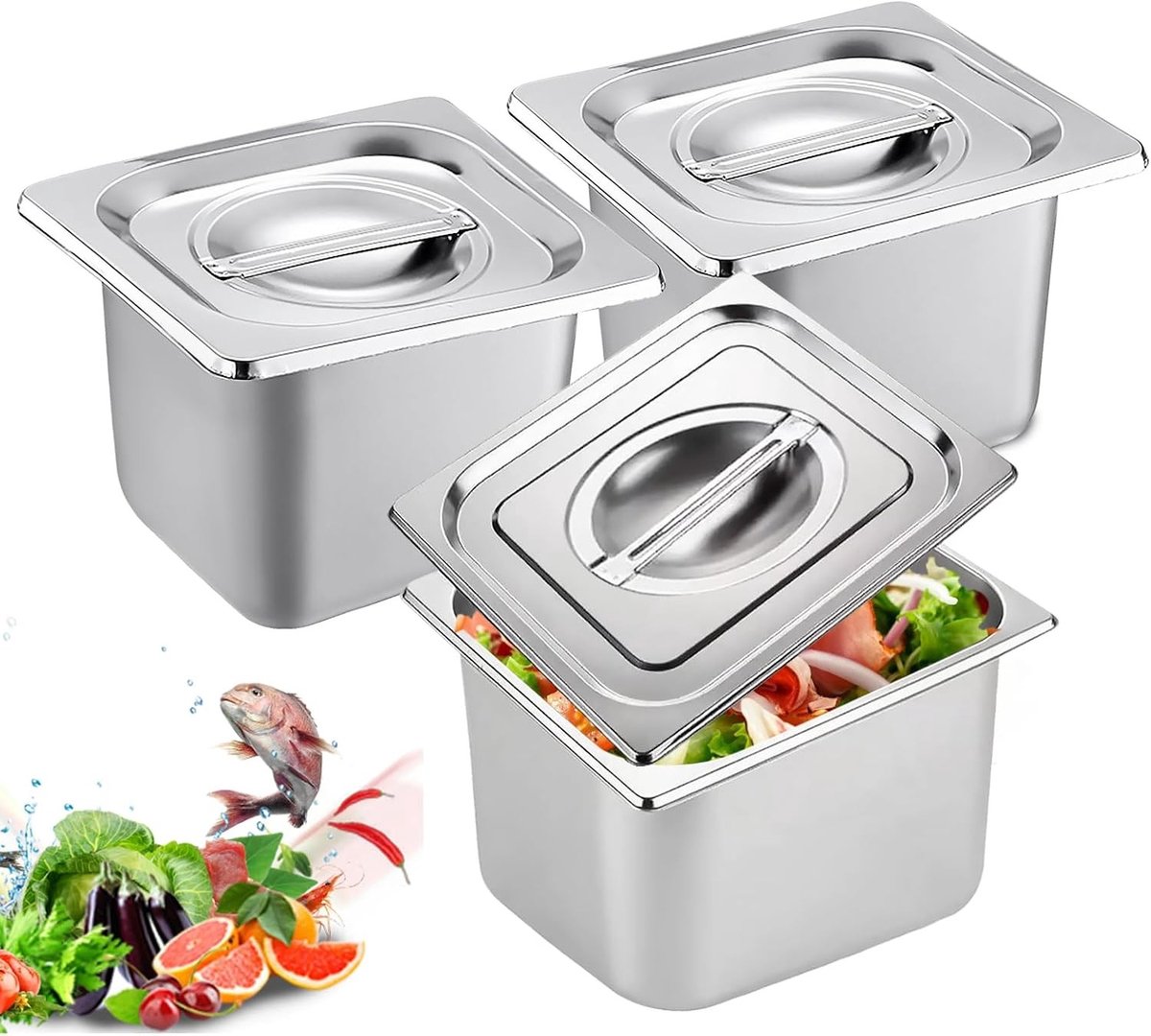 Set van 3 RVS GN Containers 1/6 met Deksel - 10 cm Hoog - Ideaal voor Voedselopslag, Stomen en Chafing Dish Inzetstukken