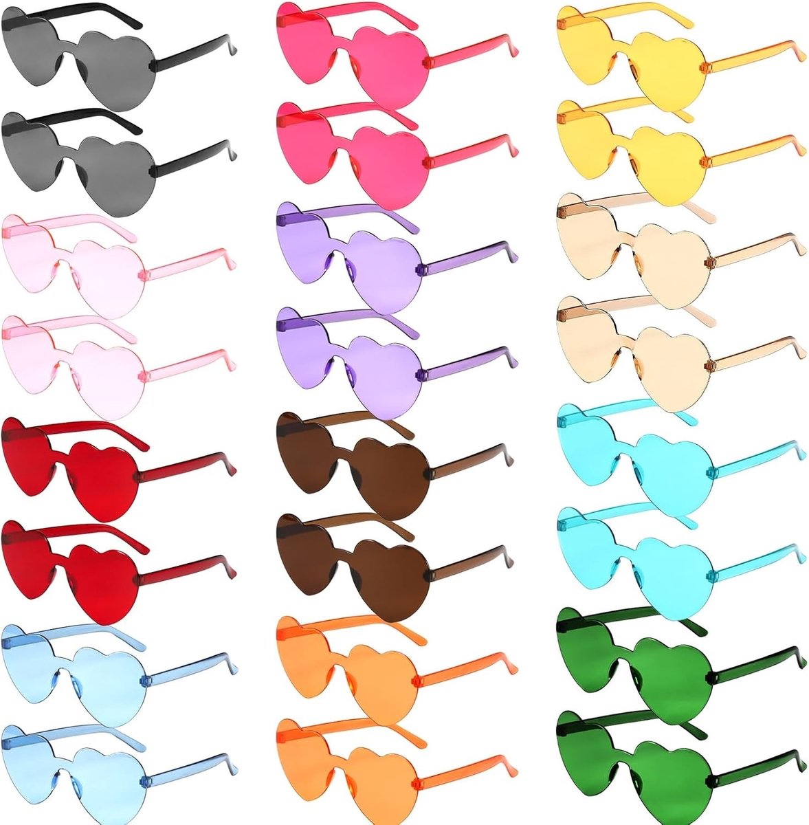 Pack van 24 Hartvormige Zonnebrillen - Rimless Transparante Candy Hartglazen voor Feestjes, Carnaval en Strandactiviteiten in 12 Kleuren