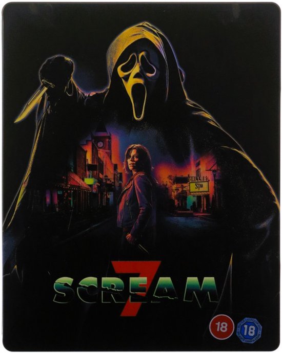 Limited Edition Steelbook 4K Ultra HD met Scream 7 logo. Ghostface met mes en een vrouw op een stadstraat.