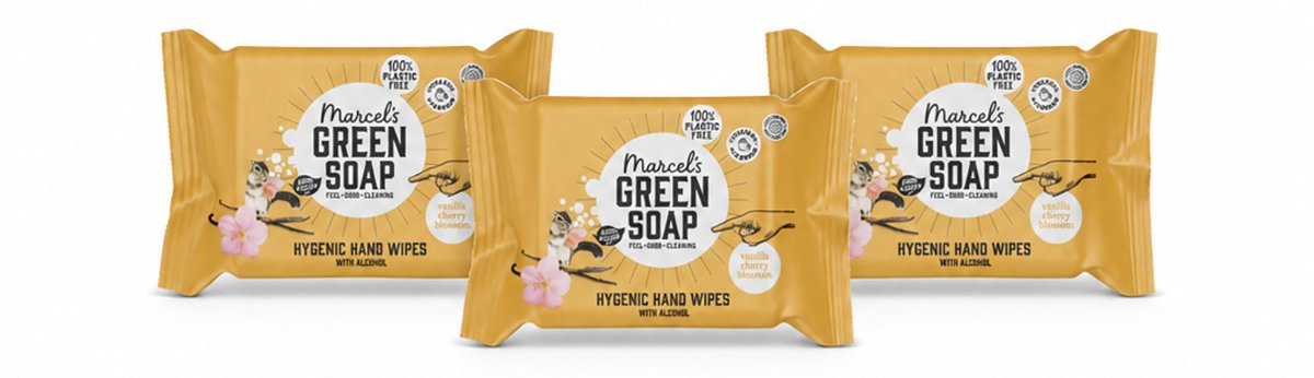 3 x Marcel's Green Soap - Hand doekjes - Vanille & Cherry Blossom - Mild & handig - 15 Doekjes - Voordeelverpakking - 3 stuks