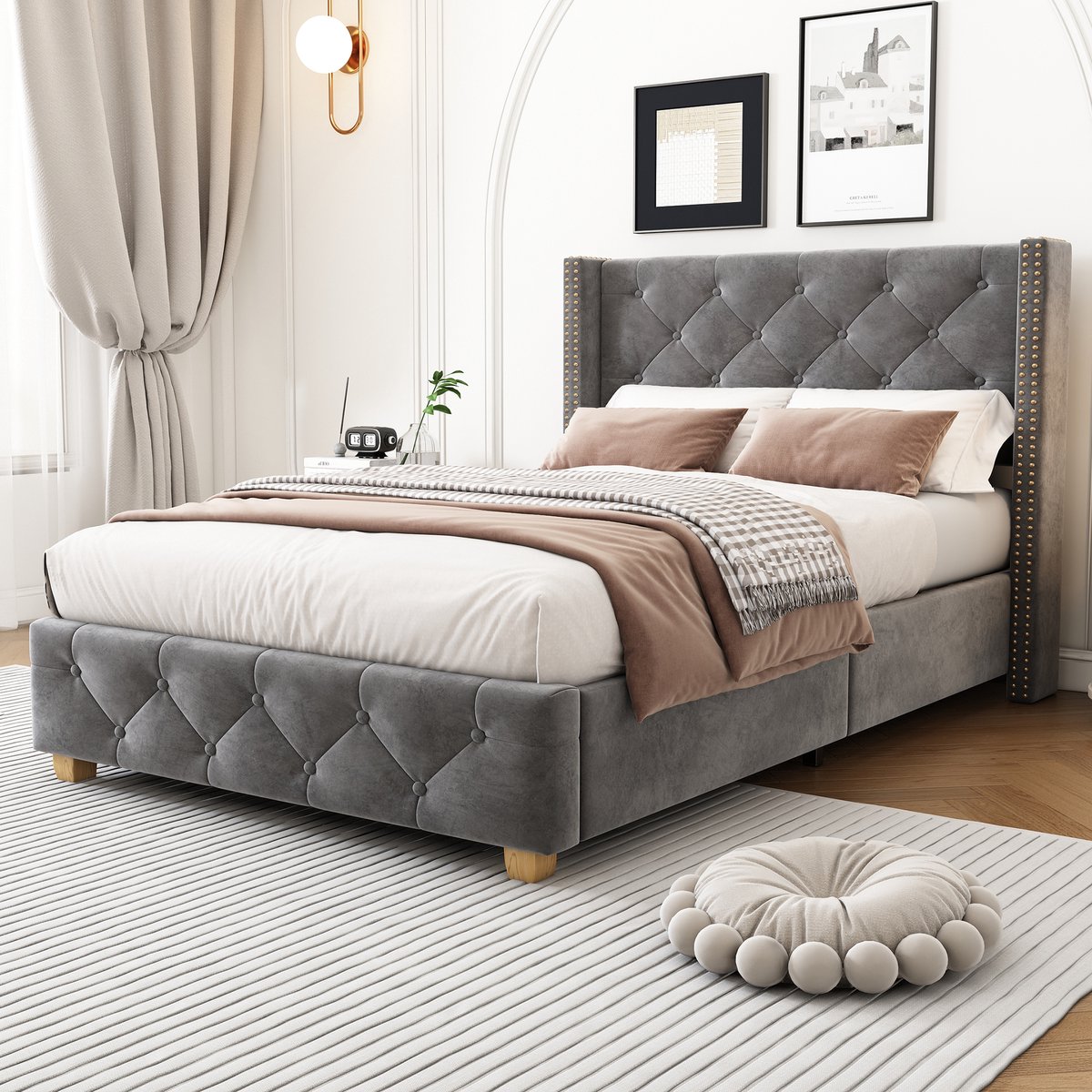 WUVRIE Gestoffeerd bed 90x200 cm met hoofdbord, lattenbodem en knopen, grijs