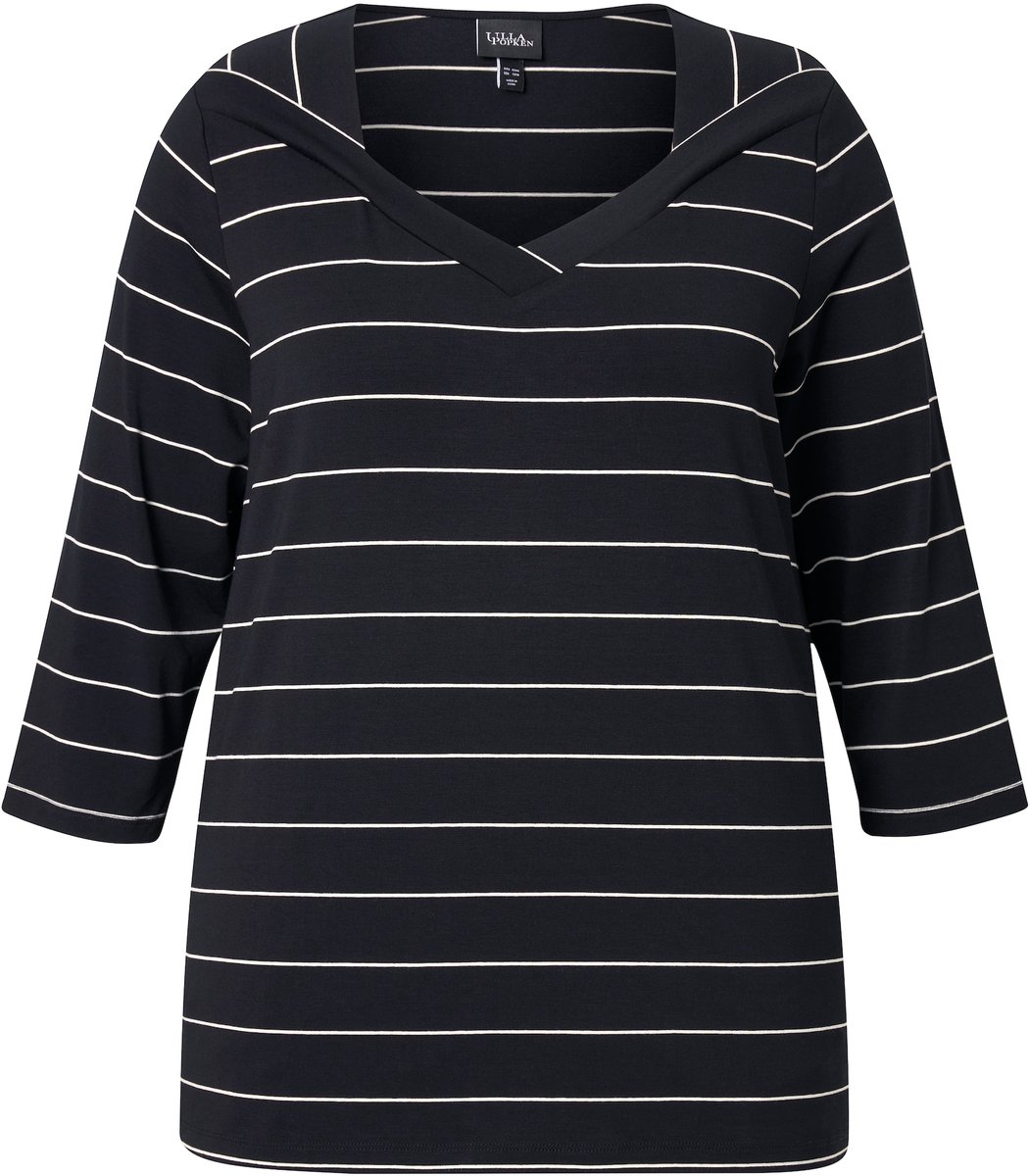 Ulla Popken - Dames - Shirt strepen classic V-hals 3/4-mouwen - Zwart - Maat 42+