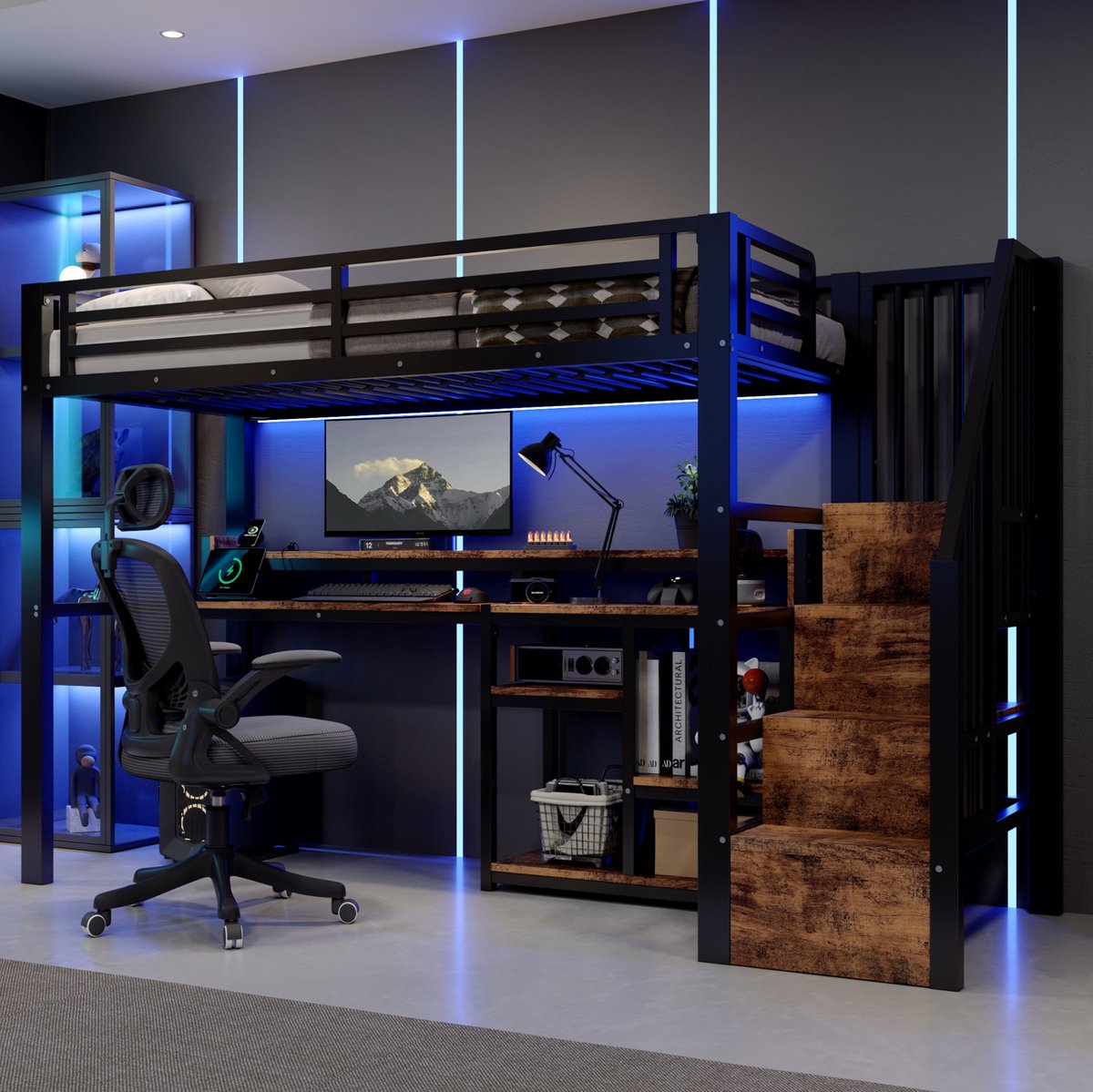 Wishdor Hoogslaper 90 x 200 cm - Met opbergruimte en verlichting - Met ladderkast en USB - Moderne metaal en MDF - Kinderen slaapkamer - Zwart - 255.5 x 96 x 160.5 cm