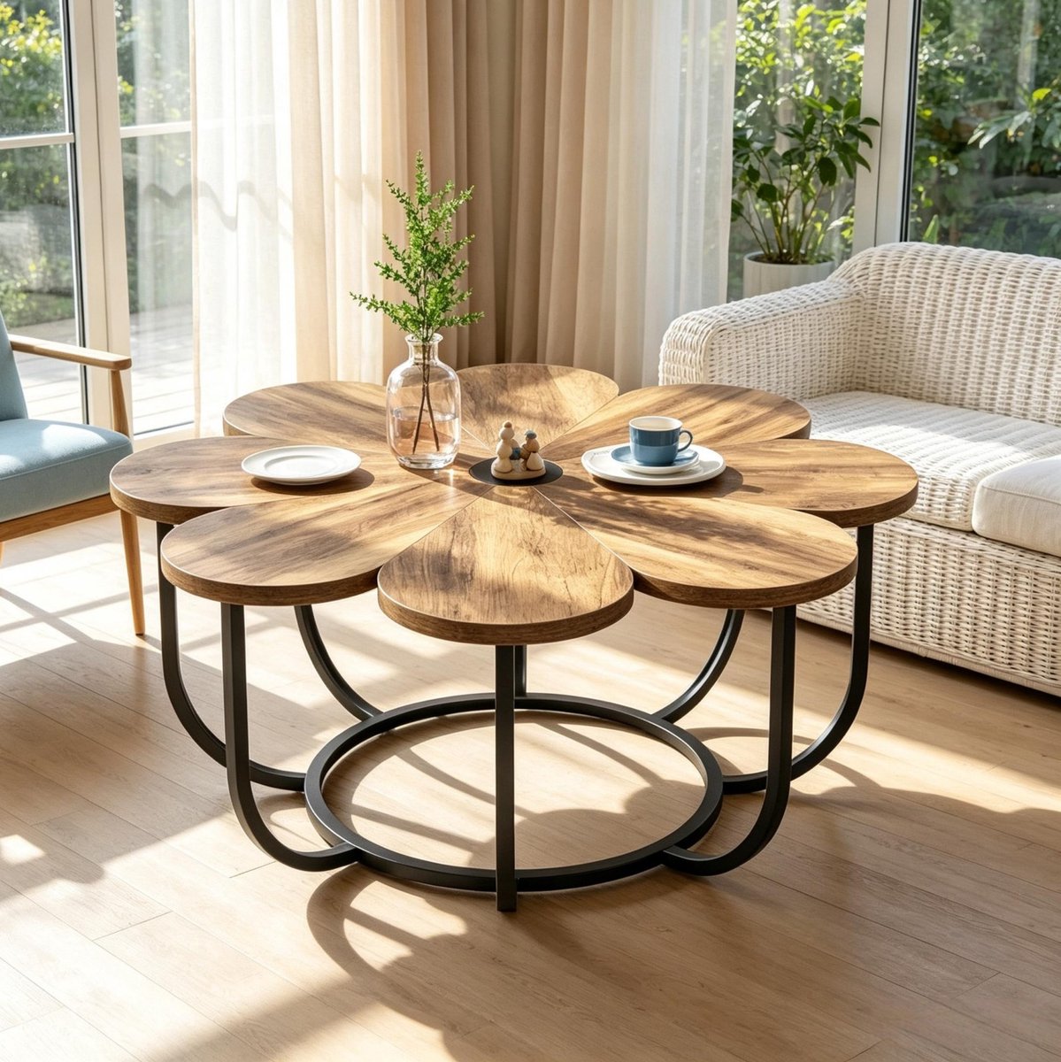 REDOM - Salontafel - Bloemvormig ontwerp - Vast tafelblad - Metalen onderstel - Houten tafelblad - Moderne stijl - Woonkamer - Zwart en Bruin - 100 x 50 cm