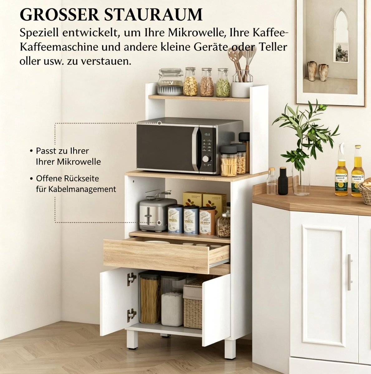 REDOM - Keukenkast - Magnetronkast - Open vak en lade en kast - Soft-close - Moderne stijl - Keuken - Spaanplaat - Wit en Eiken - 60 x 40 x 131 cm