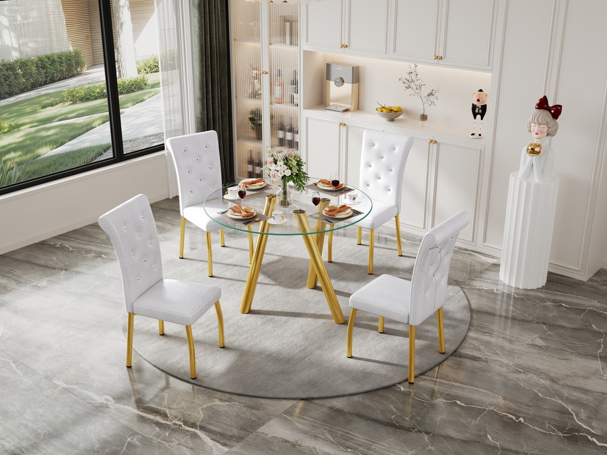 FloraGrace Eettafelset - 5-Delige Set Met Ronde Tafel En 4 Gestoffeerde Stoelen - Gehard Glas En Metaal - Modern - Wit