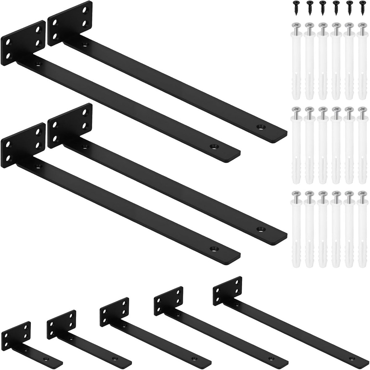 Robuuste T-beugels voor zwevende planken - 4 x 30,5 cm zwarte metalen wanddragers met schroeven en wandankers voor industriële inrichting