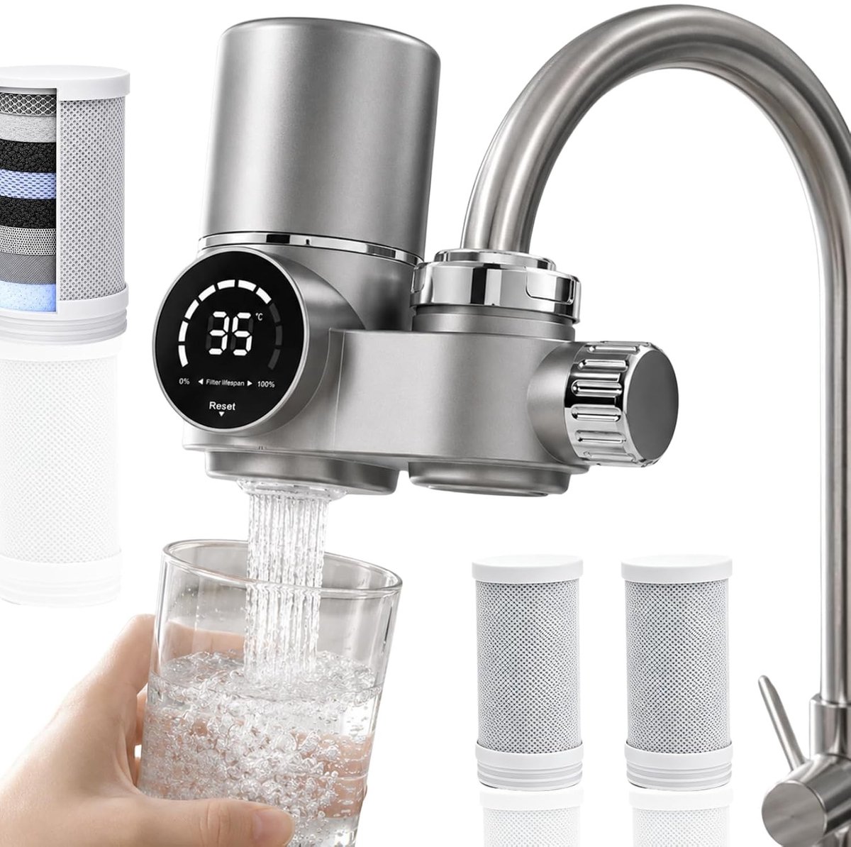 Efficiënt waterfilter systeem met 3 filterkaarsen, 7-fasen filtratie en UV LED, vermindert chloor, kalk, lood en schadelijke stoffen voor schoon drinkwater