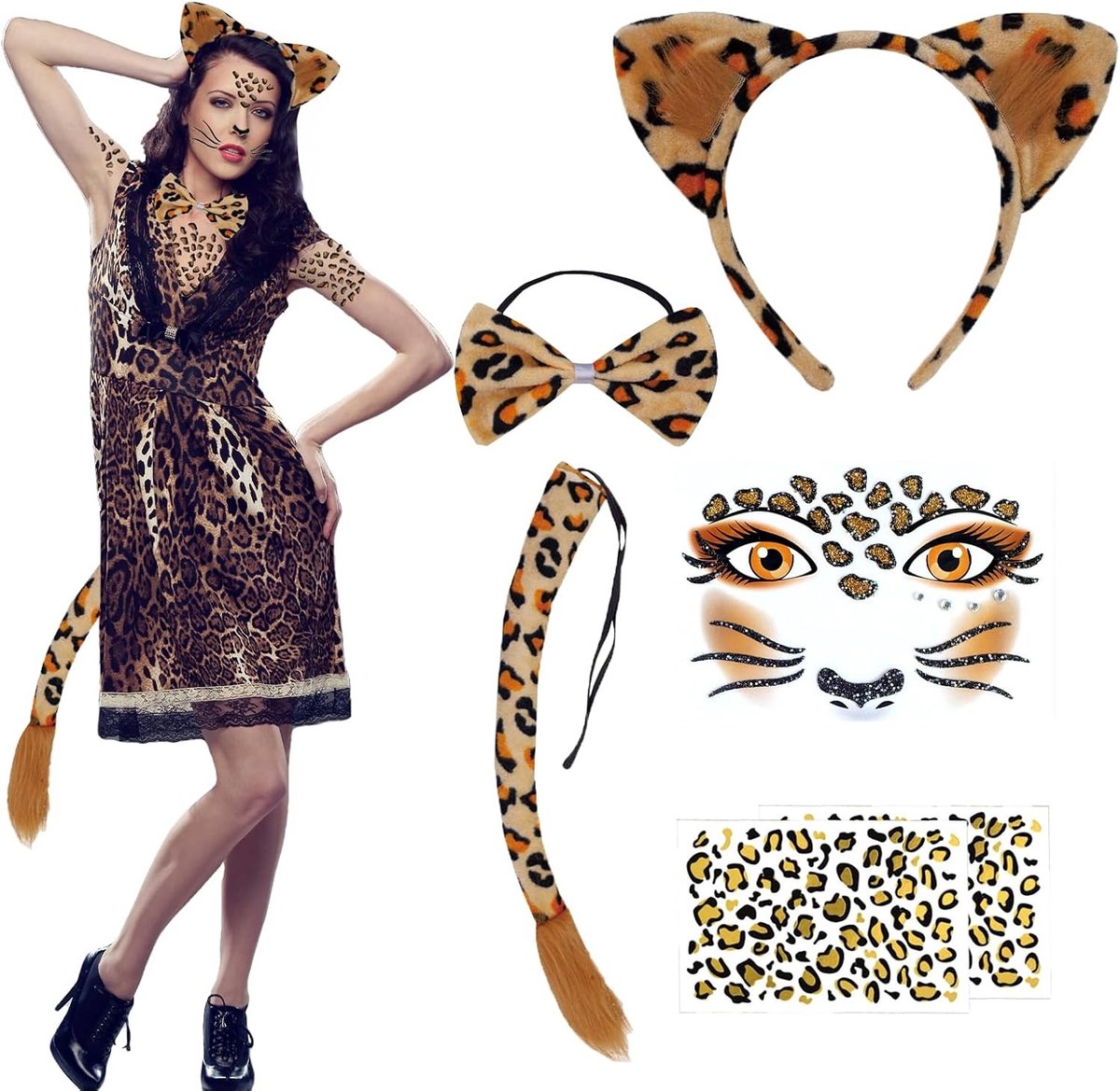 Leopard Kostuum Set voor Dierenliefhebbers - 6 Delige Set met Oren, Staart, Make-up en Accessoires voor Carnaval en Halloween