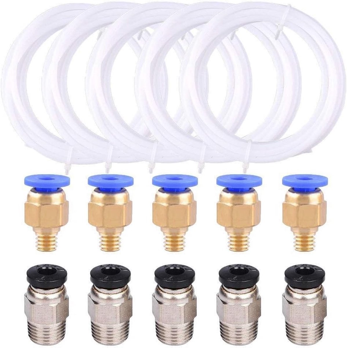 1 meter blauwe PTFE buis met 3 pneumatische PC4-M6 en 3 PC4-M10 connectors voor 3D printers met 1.75mm filament