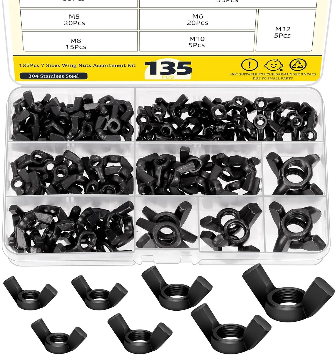 135-delige assortiment vleugelmoeren, M3 tot M12, zwarte vleugelmoeren voor bevestigingen en montageaccessoires