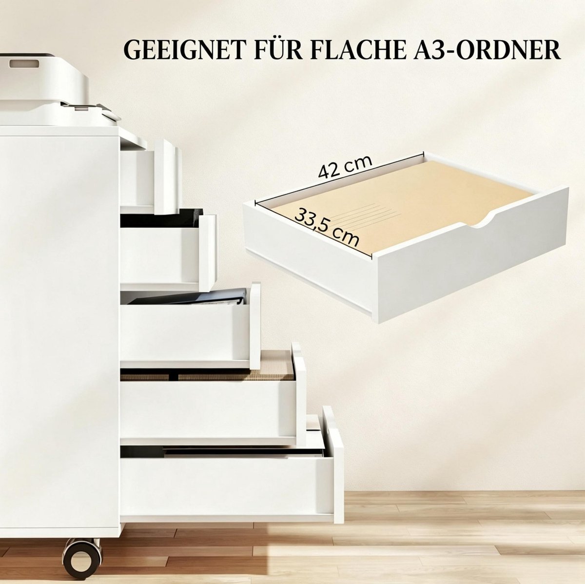 REDOM - Rollcontainer met 5 lades - Met wielen - Vergrendelbare wielen - Minimalistische stijl - Bureau en home office - MDF en spaanplaat - Wit - 50 x 40 x 67,5 cm