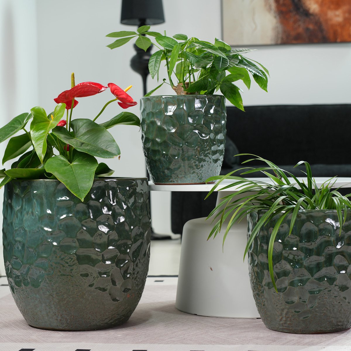 FloraGrace Bloempot – Glanzend Donkergroen Hamerslagrelief – 30 Cm – Keramiek – Rond – Voor Binnen En Buiten – Met Afwateringsgat