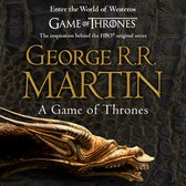 Boek "A Game of Thrones" van George R.R. Martin, geïnspireerd op de HBO-serie Game of Thrones. Tekst en gouden drakenkop op leerachtige achtergrond.