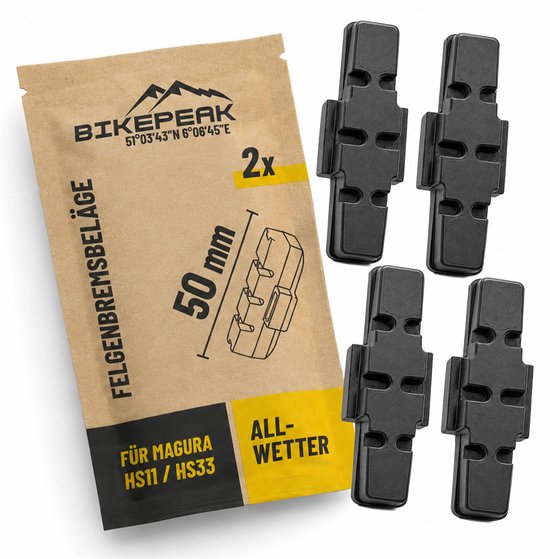 Vier zwarte 50mm velgremblokjes met verpakking voor Magura HS11/HS33, geschikt voor alle weersomstandigheden.