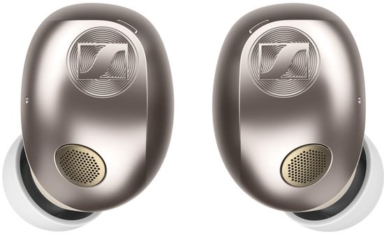 Twee metaalgrijze Sennheiser oordopjes met logo, met witte oordopjes. De Sennheiser logo's zijn verhoogd.