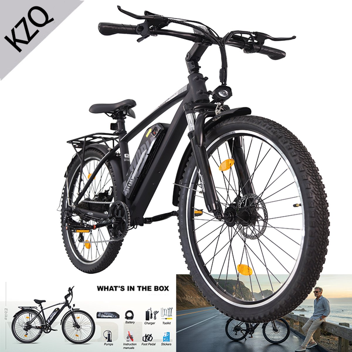 KZQ Elektrische Stadsfiets - 27.5 Inch - 250W - 36V 12.8Ah (460Wh) - Shimano 7 Versnellingen - Schijfremmen - Actieradius 40-60 km - Zwart