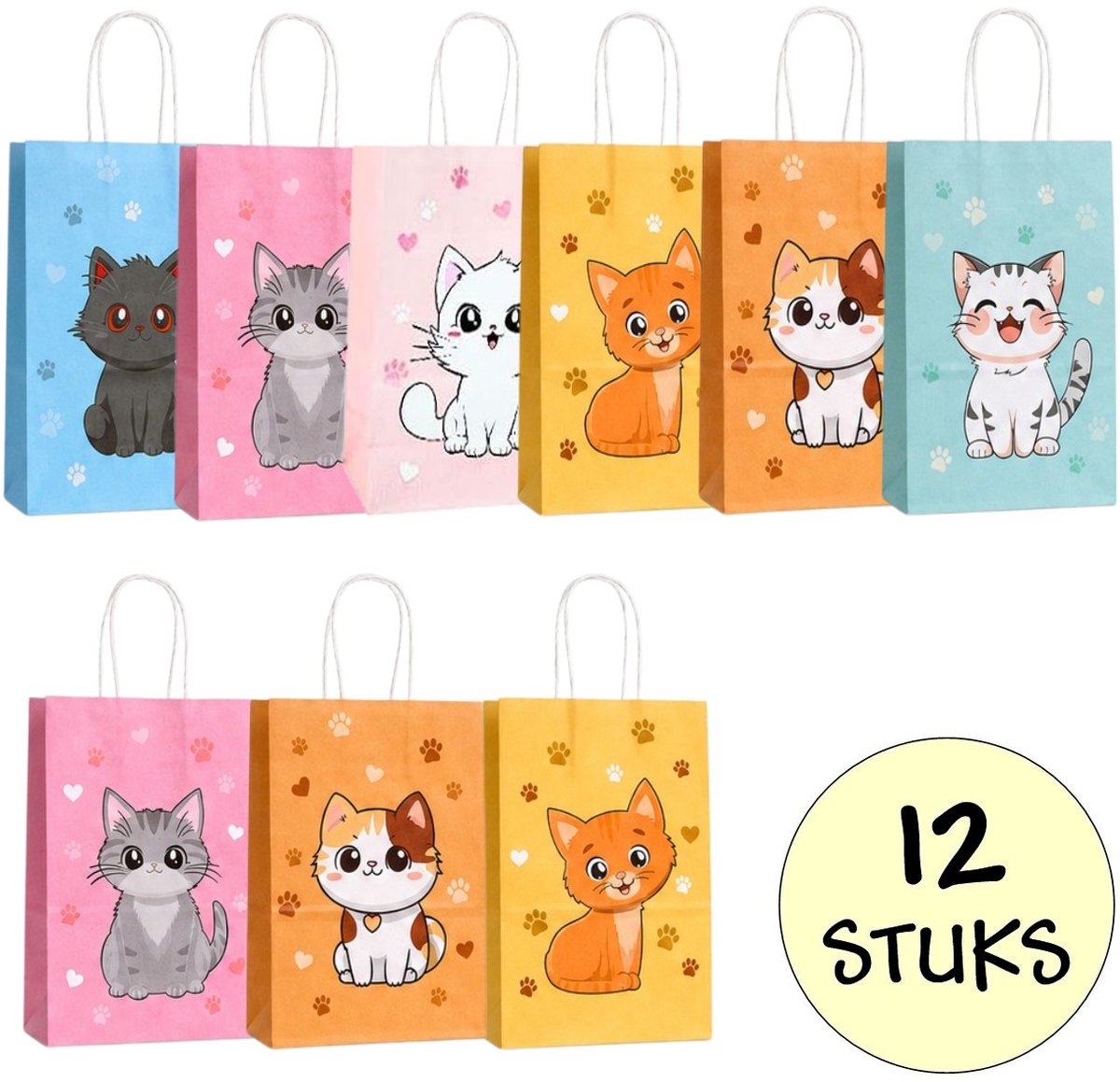 12x Papieren Uitdeeltasjes Katten - 15x8x21cm - Stevig Papier - Traktatie Zakjes - Papieren Tasjes - Cadeau Zakjes - Uitdeelzakjes - 6 Verschillende Poesjes - Kraftpapier - 12 Stuks