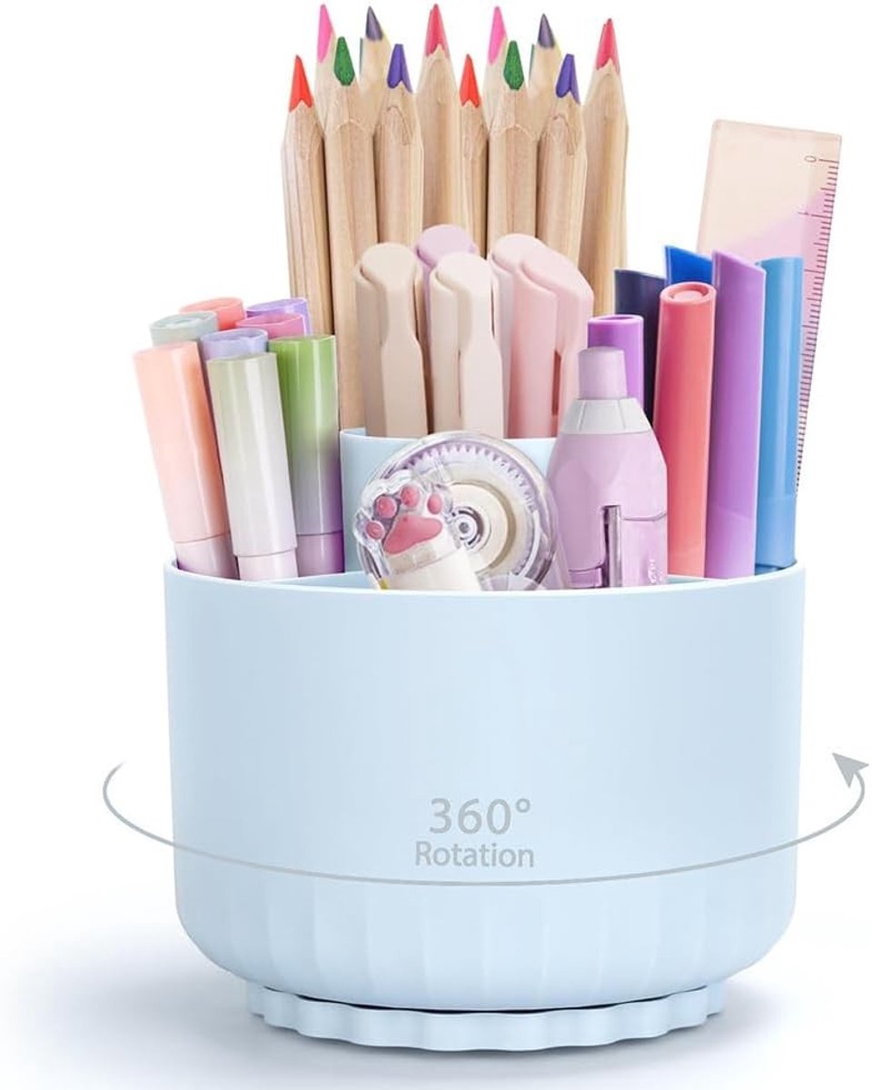 360° Desk Organizer met 5 Compartimenten, Multifunctionele Pennenhouder voor Kantoor, School en Bureauaccessoires in Sapphire-Blauw