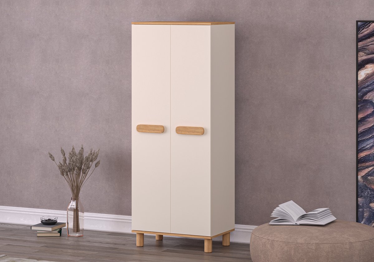 MILA KLEDINGKAST MET 2 DEUREN – CRÈME EIKEN – Garderobekast – Opbergkast – Slaapkamerkast – Kledingopberger – Kast met Deuren – Ruime Opbergruimte – Moderne Kast – Kledingkast voor Slaapkamer – Opbergmeubel – Kledingkast met Planken – Grote Kast