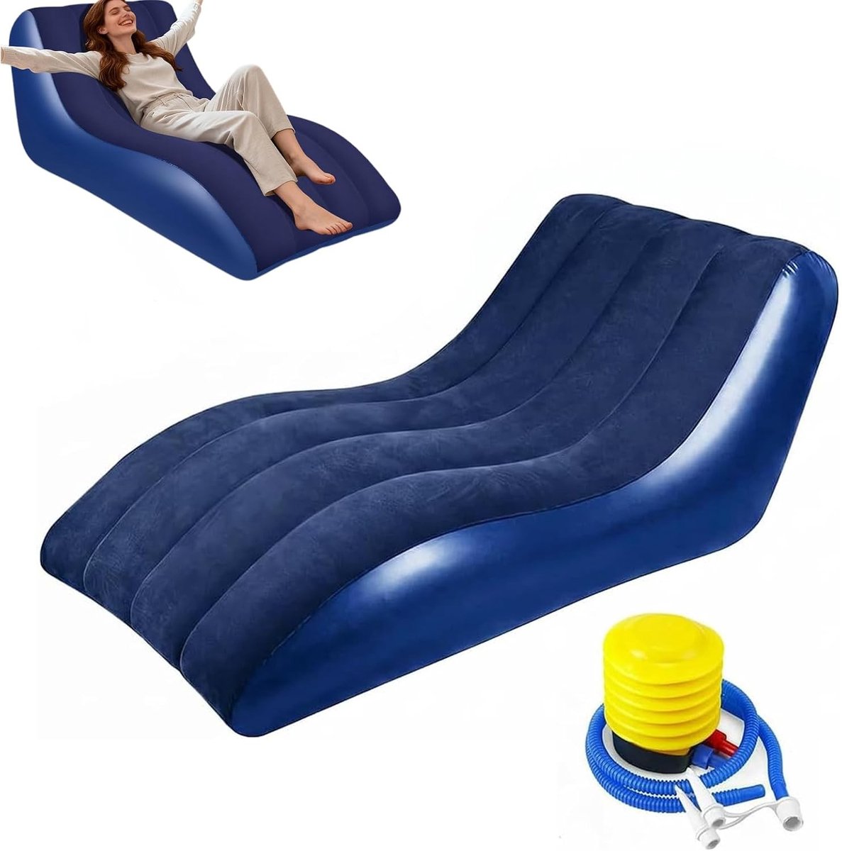 Opblaasbare sofa voor binnen en buiten, 155 x 86 x 67 cm, comfortabele luchtbank met luchtpomp, ideaal voor tuin, camping en woonkamer, blauw