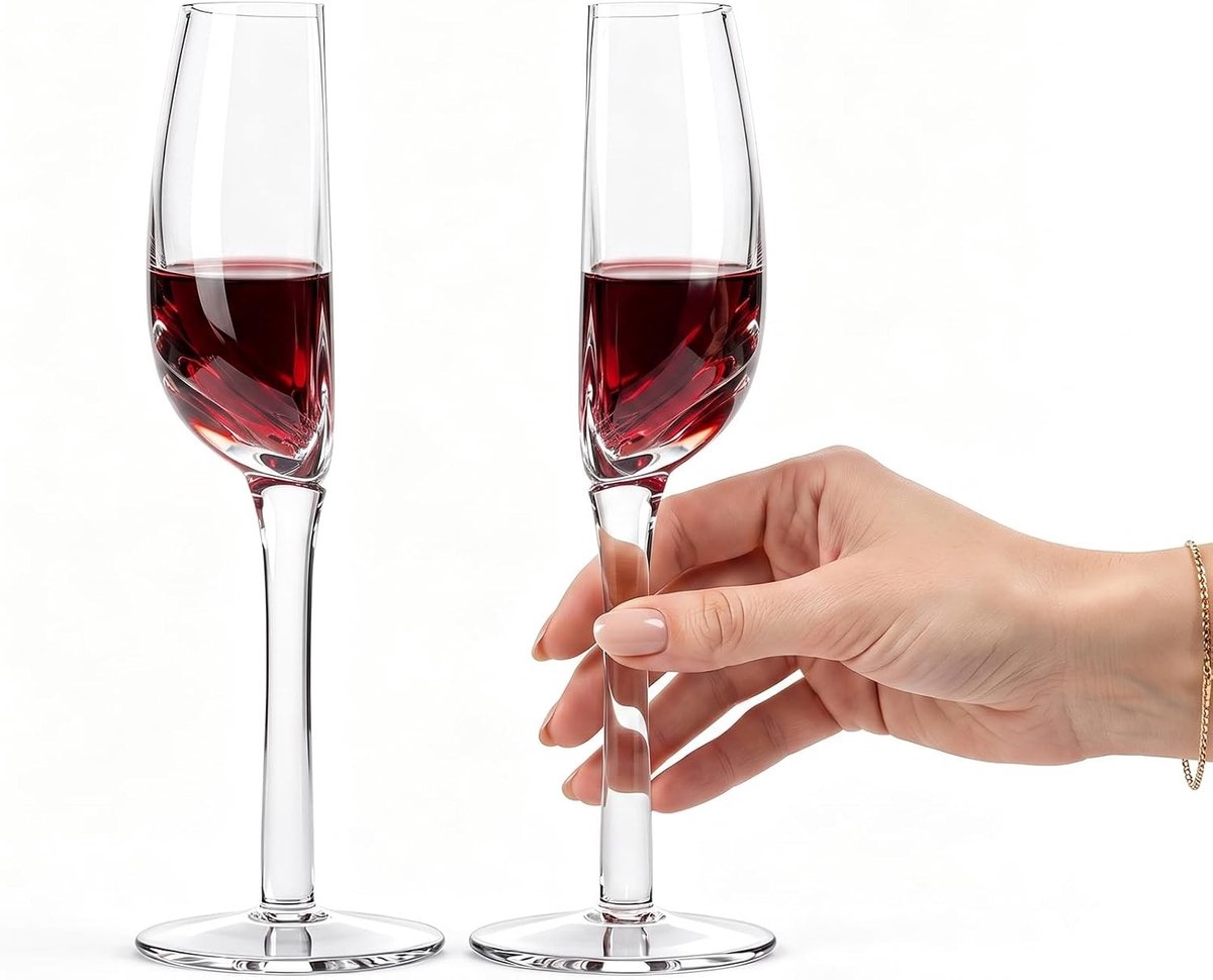 Set van 2 Grappige Halve Wijnglazen met Lange Handgreep voor Rode en Witte Wijn, Champagne en Feestdecoratie, Perfect als Cadeau voor Wijnliefhebbers en Bruiloften