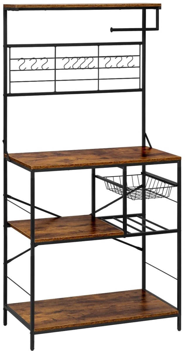 Klarven® Keukenrek Staand Zwart Bruin - Keukenrek Aanrecht - Keukenrekje Aanrecht - Keukenrekje Staand - Uitschuifbaar Keukenrek - Kitchen Shelf - 4 Planken en 10 Haakjes - Metaal en Spaanplaat - B80xd40xh168cm