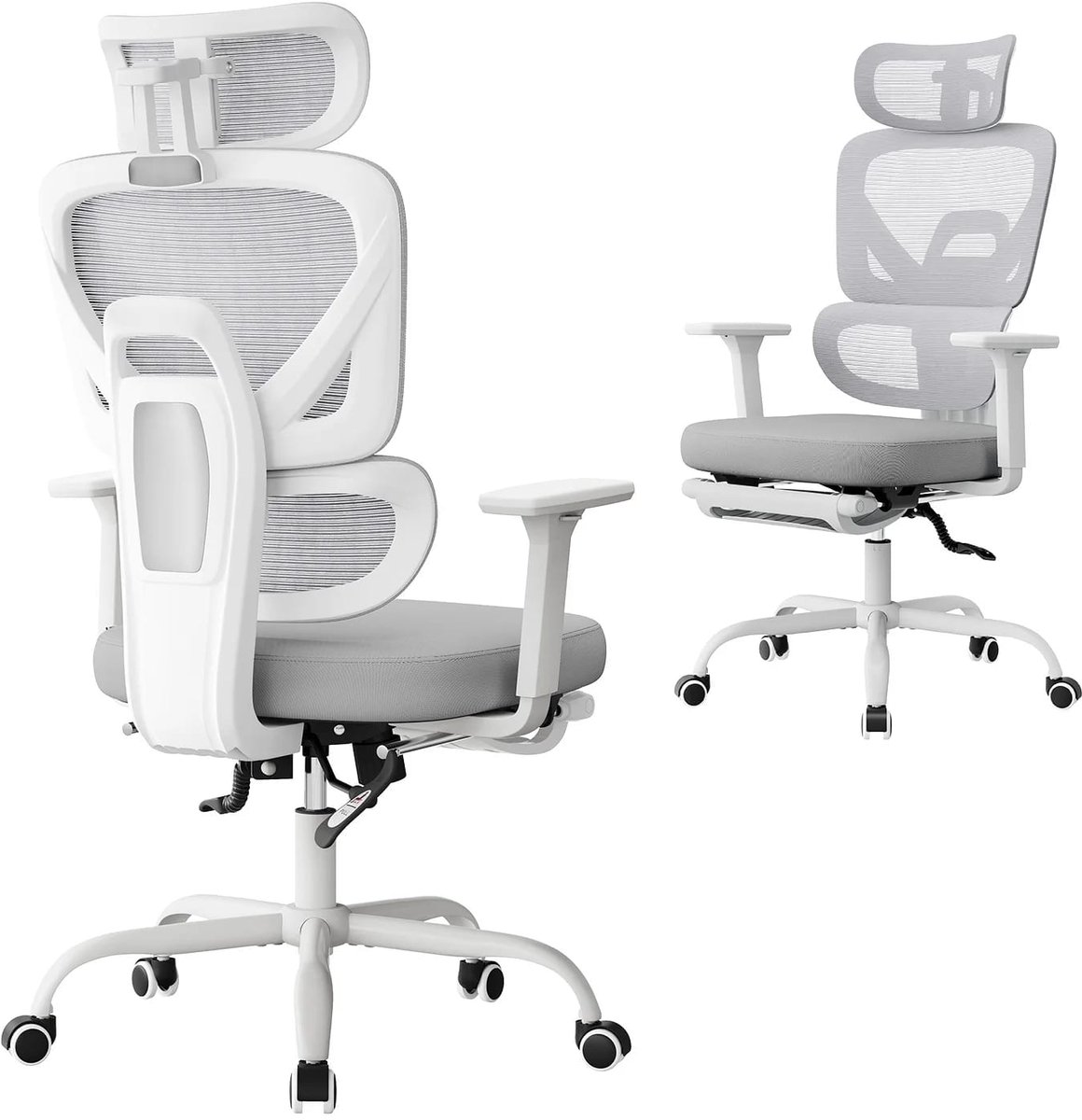 Klarven® Bureaustoel ergonomisch Grijs - Verstelbare hoofdsteun en 3D-armleuningen - Mesh stof, belastbaar tot 150 kg - B 73 x D 68 x H 121-131 cm