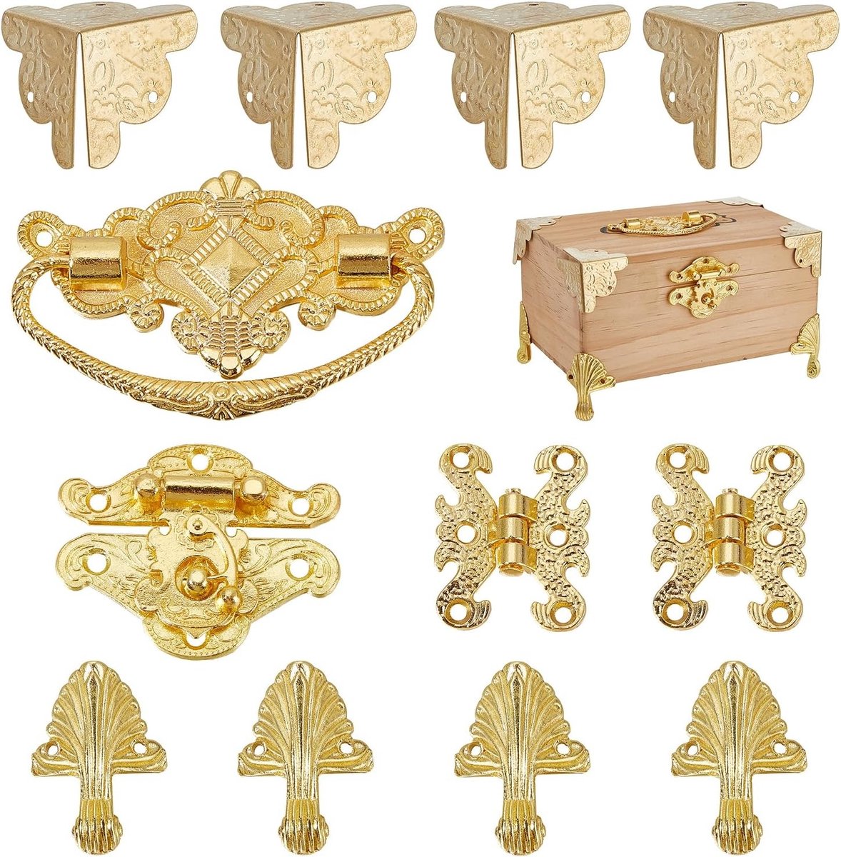 Gouden Sieradenbox Scharnieren met Haak, Hoekbescherming Set met Handvat en Slot, Hardware Accessoires voor Veiligheid en Organisatie
