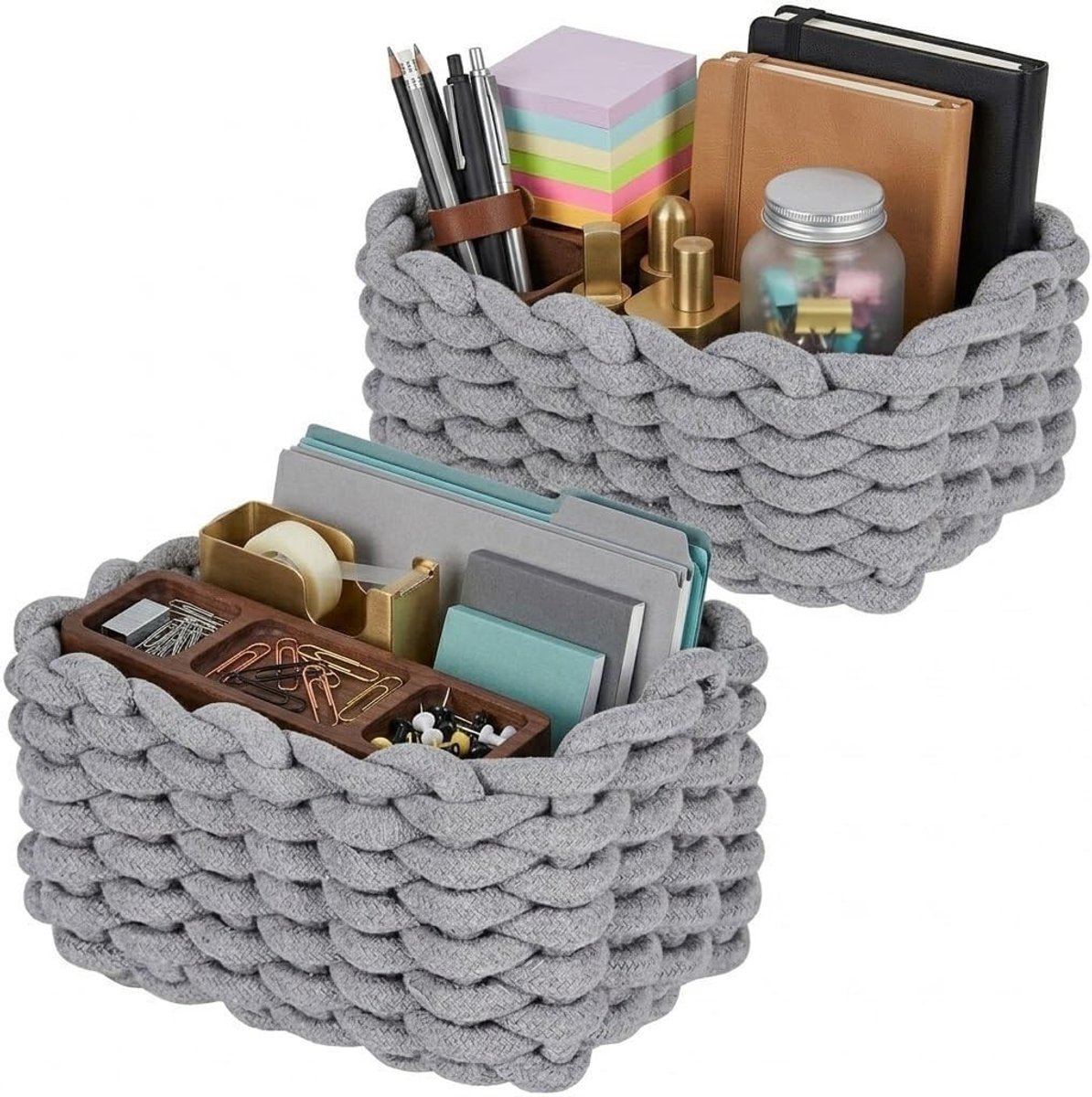 Opbergmand van Katoen, Gevlochten Mand voor Toiletpapier, Cosmetica, Speelgoed en Huishoudaccessoires, 19 x 15 x 12 cm, Grijs, Set van 2, Duurzaam en Stijlvol