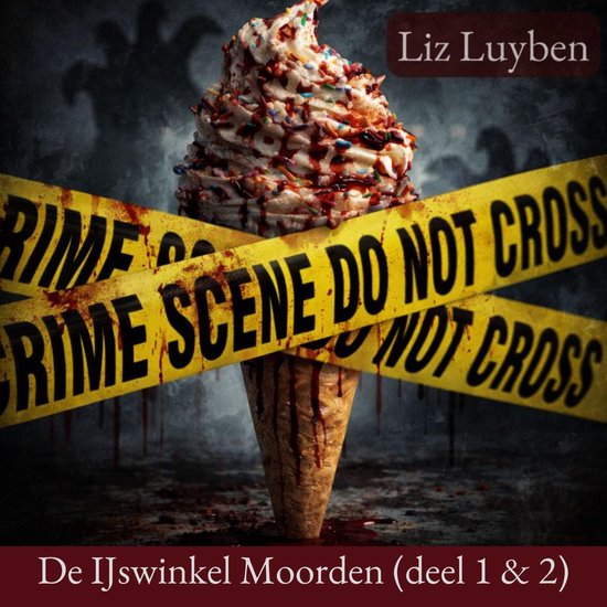 Boekomslag met een ijshoorntje, besprenkeld met hagelslag en saus, omwikkeld met geel 'CRIME SCENE DO NOT CROSS' lint.