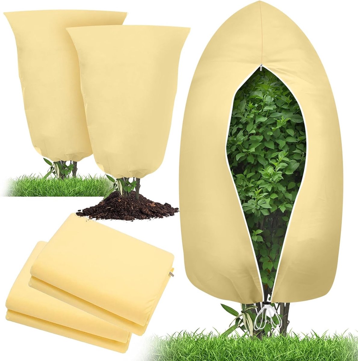Set van 2 Winterbescherming voor Planten 120 x 180 cm met Rits en Trekkoord, Scheurbestendig, Ademend en Herbruikbaar voor Potplanten, Olijfbomen en Palmen