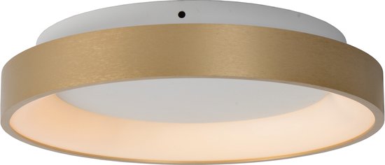 Ronde, dimbare LED-plafondlamp met een matgouden ring en witte basis.