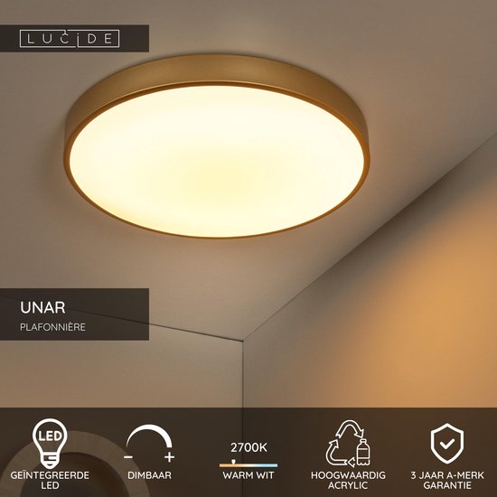 Unar plafondlamp van Lucide met mat gouden rand. LED 2700K, dimbaar, hoogwaardig acryl. 3 jaar garantie.