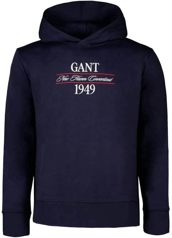 Donkerblauwe Gant hoodie met rode en witte 'New Haven Connecticut 1949' tekst op de borst.