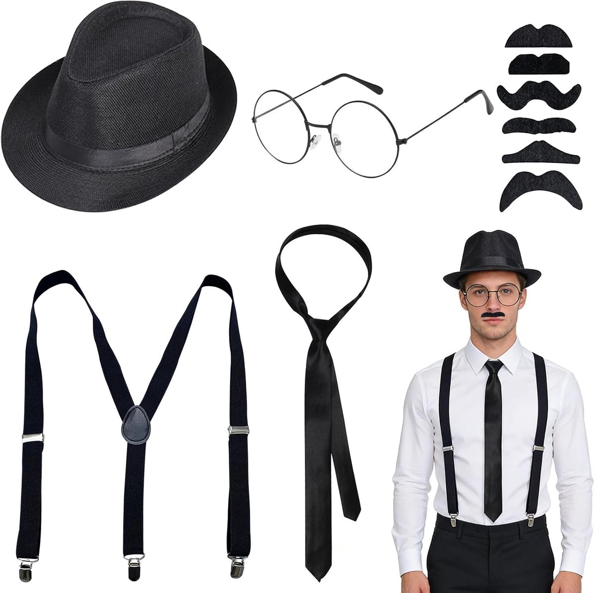 Agenten Kostuum Accessoires Set met Hoed, Braces en Zwarte Stropdas voor Spionnen en Secret Service Themafeest
