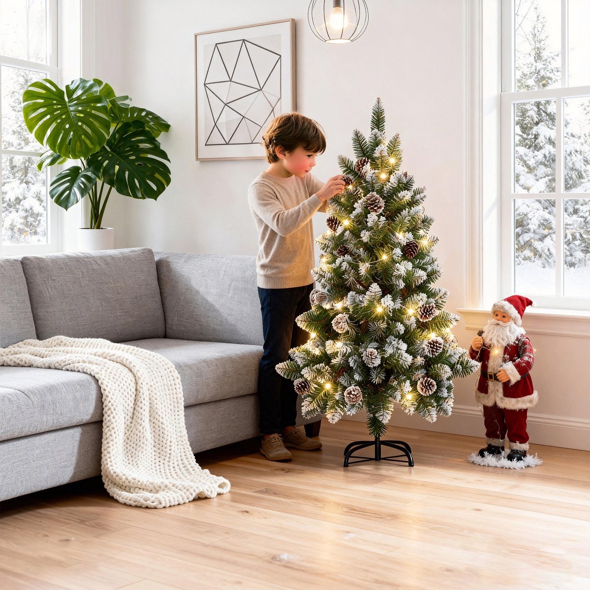 Kunstkerstboom 120 cm met LED Verlichting - Brandvertragend PVC - met Sneeuw en Dennenappels - Metalen Voet - Kerstdecoratie voor Huis en Etalage - NAIZY – foto 8